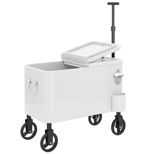 Outsunny Carro Frigorífico de 56L com Rodas Carro de Bebidas com Pega Ajustável Abre-garrafas Recolhe-tampas Dreno e Mesa Frigorífico para Jardim Festas BBQ 75x35x120 cm Branco