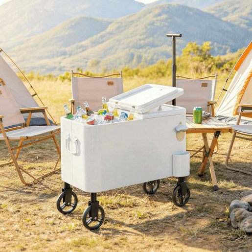 Outsunny Carro Frigorífico de 56L com Rodas Carro de Bebidas com Pega Ajustável Abre-garrafas Recolhe-tampas Dreno e Mesa Frigorífico para Jardim Festas BBQ 75x35x120 cm Branco