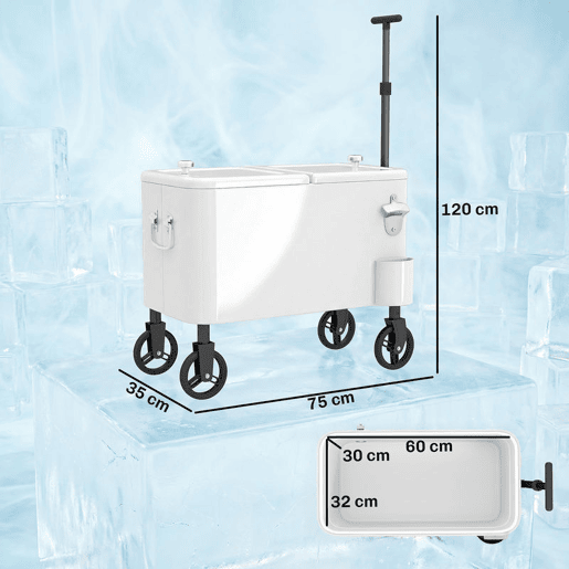 Outsunny Carro Frigorífico de 56L com Rodas Carro de Bebidas com Pega Ajustável Abre-garrafas Recolhe-tampas Dreno e Mesa Frigorífico para Jardim Festas BBQ 75x35x120 cm Branco