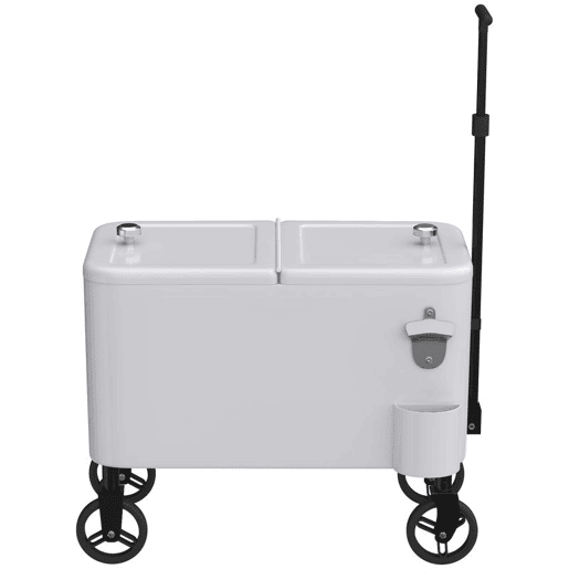 Outsunny Carro Frigorífico de 56L com Rodas Carro de Bebidas com Pega Ajustável Abre-garrafas Recolhe-tampas Dreno e Mesa Frigorífico para Jardim Festas BBQ 75x35x120 cm Branco