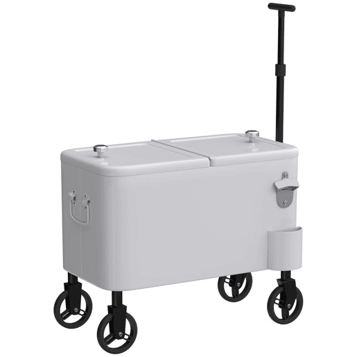 Outsunny Carro Frigorífico de 56L com Rodas Carro de Bebidas com Pega Ajustável Abre-garrafas Recolhe-tampas Dreno e Mesa Frigorífico para Jardim Festas BBQ 75x35x120 cm Branco