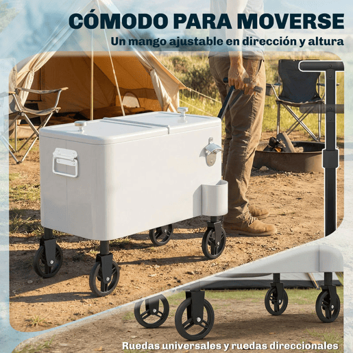 Outsunny Carro Frigorífico de 56L com Rodas Carro de Bebidas com Pega Ajustável Abre-garrafas Recolhe-tampas Dreno e Mesa Frigorífico para Jardim Festas BBQ 75x35x120 cm Branco