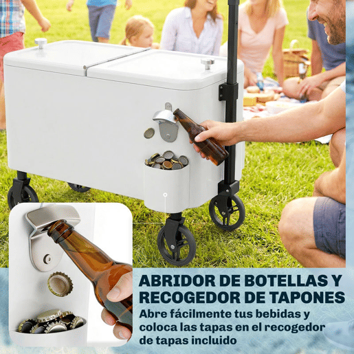 Outsunny Carro Frigorífico de 56L com Rodas Carro de Bebidas com Pega Ajustável Abre-garrafas Recolhe-tampas Dreno e Mesa Frigorífico para Jardim Festas BBQ 75x35x120 cm Branco