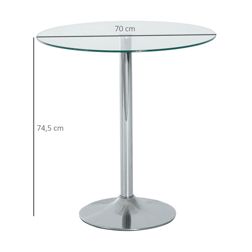HOMCOM Mesa de Jantar Redonda para 2 Pessoas, Ø70 cm, Mesa de Cozinha Moderna com Superfície de Vidro Temperado e Base de Aço, para Sala de Estar, Sala de Jantar, Prateada