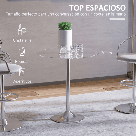 HOMCOM Mesa de Jantar Redonda para 2 Pessoas, Ø70 cm, Mesa de Cozinha Moderna com Superfície de Vidro Temperado e Base de Aço, para Sala de Estar, Sala de Jantar, Prateada