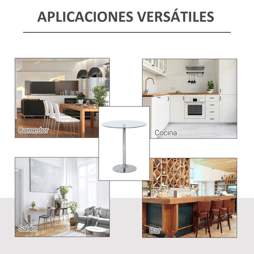 HOMCOM Mesa de Jantar Redonda para 2 Pessoas, Ø70 cm, Mesa de Cozinha Moderna com Superfície de Vidro Temperado e Base de Aço, para Sala de Estar, Sala de Jantar, Prateada