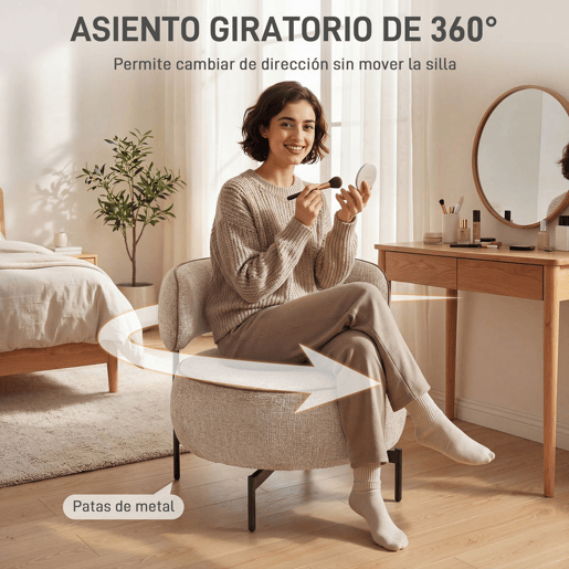 HOMCOM Poltrona de Sala com Assento Rotativo Poltrona de Sala Revestida em Tecido Linho com Assento Amplo Acolchoado Espesso Pés de Metal para Quarto Leitura Bege
