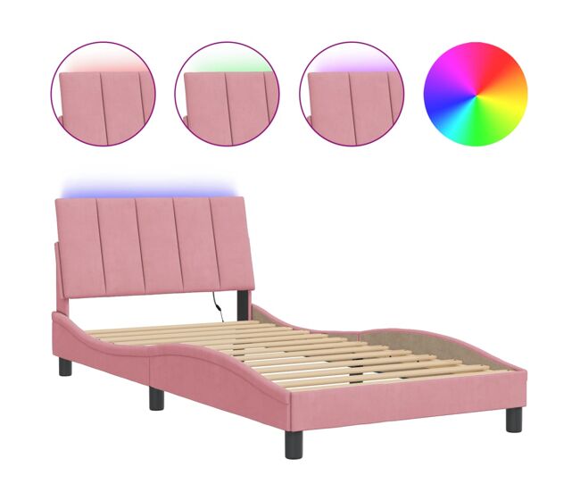 Estructura de cama individual para adultos con led terciopelo rosa 100x200 cm