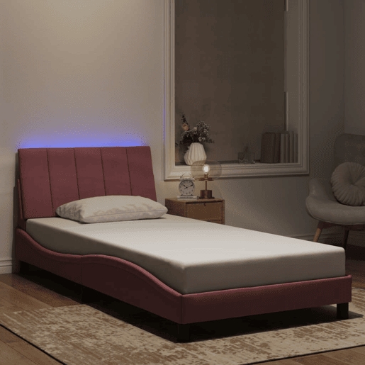Estrutura de cama de solteiro para adultos com LED 100x200 cm veludo rosa