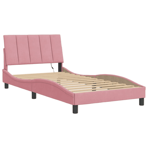 Estrutura de cama de solteiro para adultos com LED 100x200 cm veludo rosa