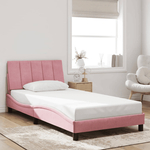 Estrutura de cama de solteiro para adultos com LED 100x200 cm veludo rosa