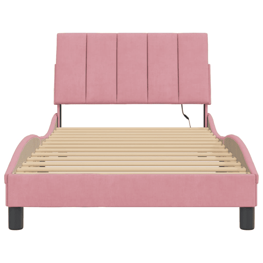Estrutura de cama de solteiro para adultos com LED 100x200 cm veludo rosa