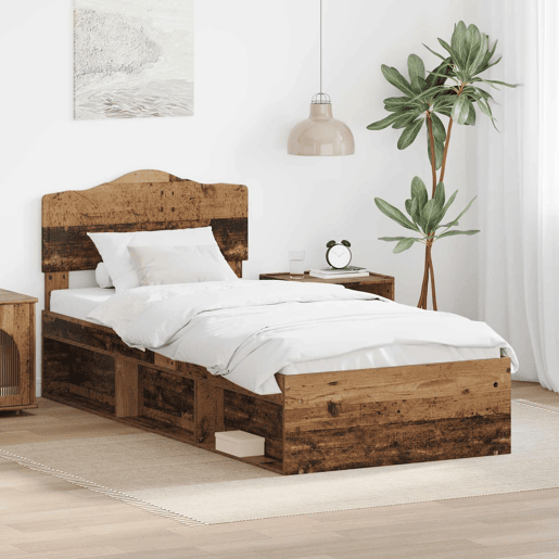 Estrutura de cama de solteiro para adultos com Cabeceira - Madeira antiga 100 x 200 cm