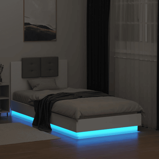 Estrutura de cama de solteiro para adultos c cabeceira e luzes LED 90x190 cm branco