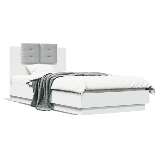 Estrutura de cama de solteiro para adultos c cabeceira e luzes LED 90x190 cm branco