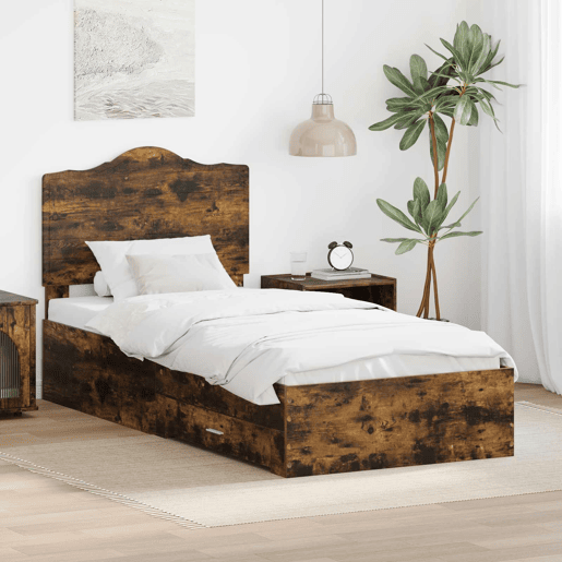 Estrutura de cama de solteiro para adultos com Cabeceira - Carvalho Defumado 100 x 200 cm