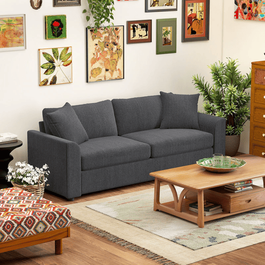 HOMCOM Sofá de 3 Lugares Moderno 212x80x88 cm Sofá Sala de Estar Estofado com 2 Almofadas Apoio de Braços e Estrutura de Aço para Sala de Estar Quarto Escritório em Casa Cinzento