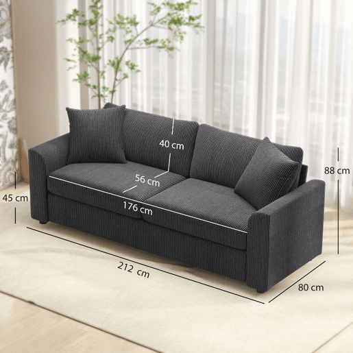 HOMCOM Sofá de 3 Lugares Moderno 212x80x88 cm Sofá Sala de Estar Estofado com 2 Almofadas Apoio de Braços e Estrutura de Aço para Sala de Estar Quarto Escritório em Casa Cinzento