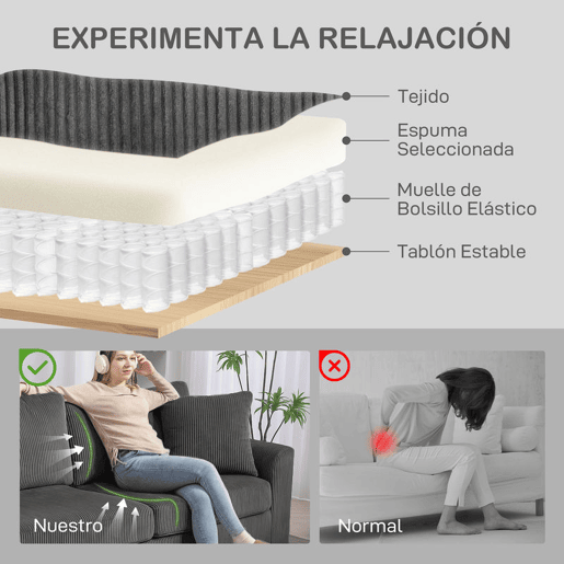 HOMCOM Sofá de 3 Lugares Moderno 212x80x88 cm Sofá Sala de Estar Estofado com 2 Almofadas Apoio de Braços e Estrutura de Aço para Sala de Estar Quarto Escritório em Casa Cinzento