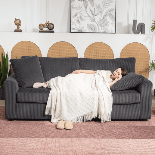 HOMCOM Sofá de 3 Lugares Moderno 212x80x88 cm Sofá Sala de Estar Estofado com 2 Almofadas Apoio de Braços e Estrutura de Aço para Sala de Estar Quarto Escritório em Casa Cinzento