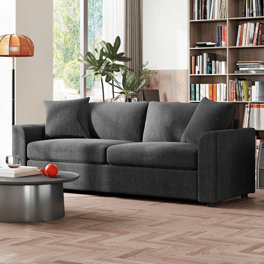 HOMCOM Sofá de 3 Lugares Moderno 212x80x88 cm Sofá Sala de Estar Estofado com 2 Almofadas Apoio de Braços e Estrutura de Aço para Sala de Estar Quarto Escritório em Casa Cinzento