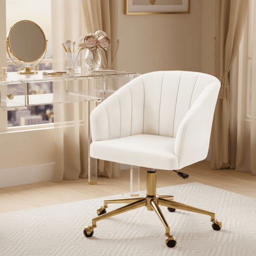 HOMCOM Cadeira de Escritório com Rodas Assento Acolchoado de Veludo Largura Ajustável Espuma de Alta Resiliência para Casa e Escritório 61x60x83,5-92,5 cm Creme