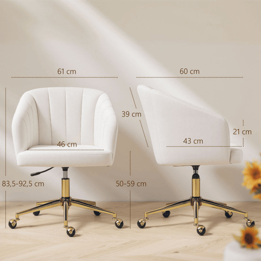 HOMCOM Cadeira de Escritório com Rodas Assento Acolchoado de Veludo Largura Ajustável Espuma de Alta Resiliência para Casa e Escritório 61x60x83,5-92,5 cm Creme