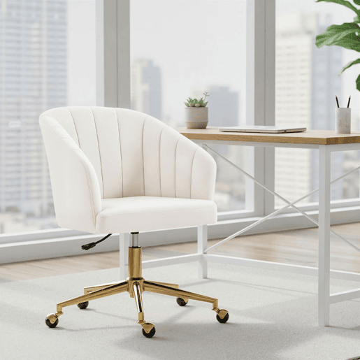 HOMCOM Cadeira de Escritório com Rodas Assento Acolchoado de Veludo Largura Ajustável Espuma de Alta Resiliência para Casa e Escritório 61x60x83,5-92,5 cm Creme