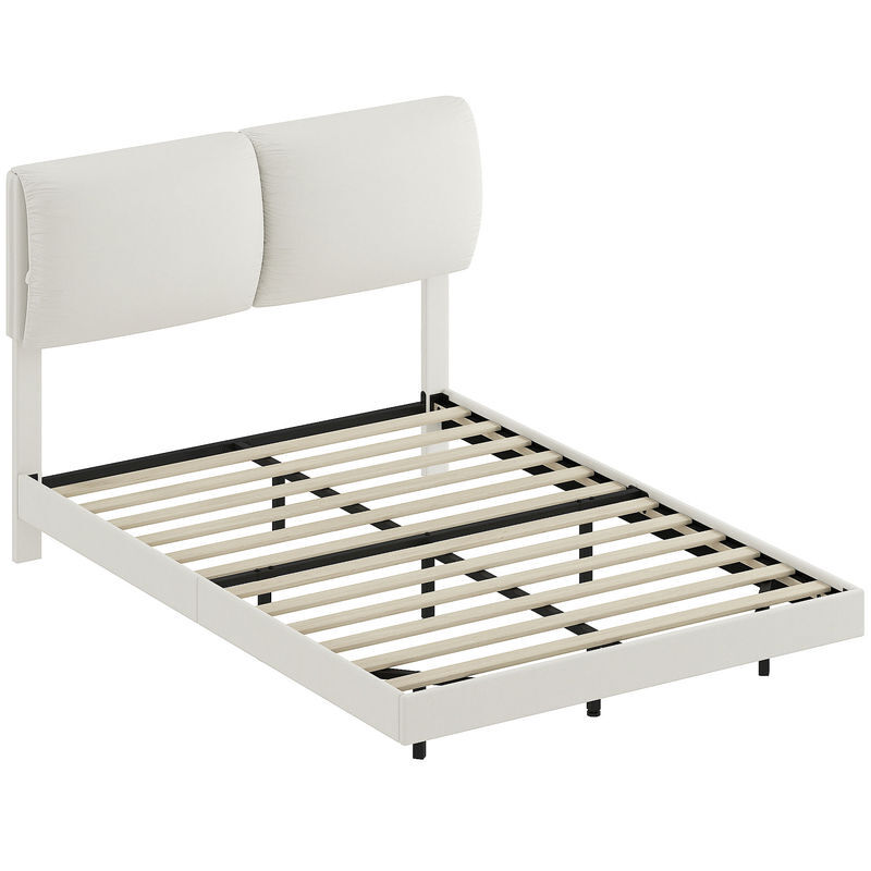 Homcom cama doble de 135x190 cm, marco de cama con cabecero acolchado, efecto flotante, estructura metálica, lamas de madera, silencioso, estilo moderno, beige