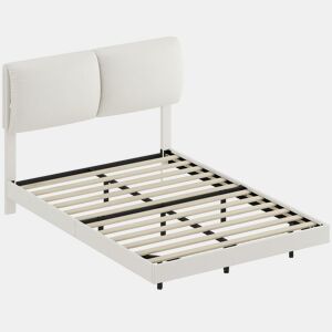 HOMCOM Cama de Casal 135x190 cm, Estrutura com Cabeceira Acolchoada, Efeito Flutuante, Estrutura Metálica, Ripas de Madeira, Silenciosa, Estilo Moderno, Bege