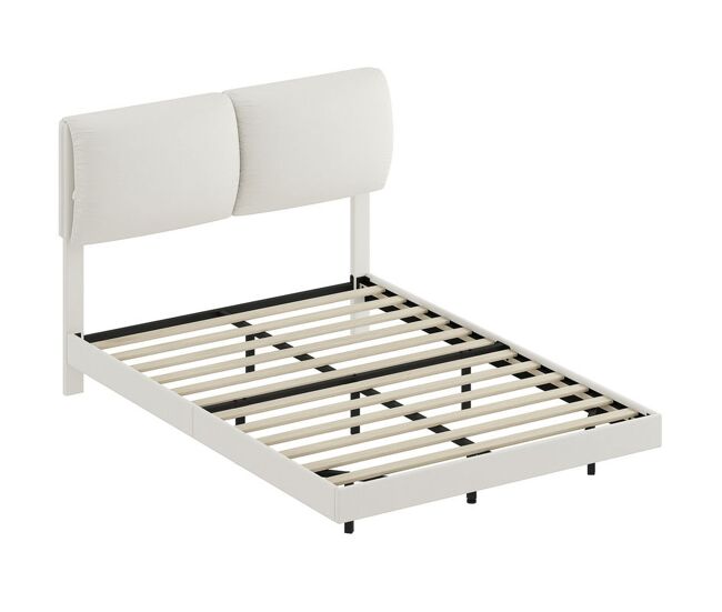 Homcom cama doble de 135x190 cm, marco de cama con cabecero acolchado, efecto flotante, estructura metálica, lamas de madera, silencioso, estilo moderno, beige