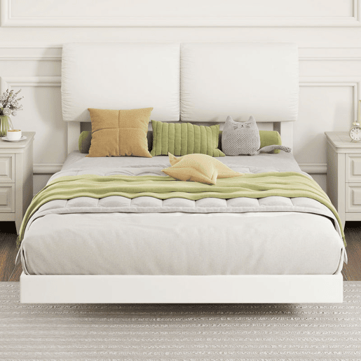 HOMCOM Cama de Casal 135x190 cm, Estrutura com Cabeceira Acolchoada, Efeito Flutuante, Estrutura Metálica, Ripas de Madeira, Silenciosa, Estilo Moderno, Bege