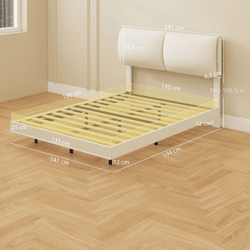 HOMCOM Cama de Casal 135x190 cm, Estrutura com Cabeceira Acolchoada, Efeito Flutuante, Estrutura Metálica, Ripas de Madeira, Silenciosa, Estilo Moderno, Bege
