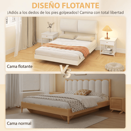 HOMCOM Cama de Casal 135x190 cm, Estrutura com Cabeceira Acolchoada, Efeito Flutuante, Estrutura Metálica, Ripas de Madeira, Silenciosa, Estilo Moderno, Bege
