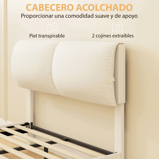 HOMCOM Cama de Casal 135x190 cm, Estrutura com Cabeceira Acolchoada, Efeito Flutuante, Estrutura Metálica, Ripas de Madeira, Silenciosa, Estilo Moderno, Bege