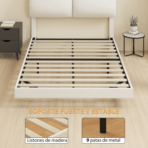 HOMCOM Cama de Casal 135x190 cm, Estrutura com Cabeceira Acolchoada, Efeito Flutuante, Estrutura Metálica, Ripas de Madeira, Silenciosa, Estilo Moderno, Bege
