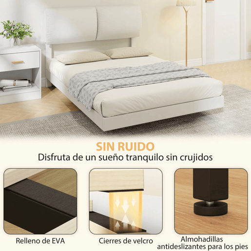 HOMCOM Cama de Casal 135x190 cm, Estrutura com Cabeceira Acolchoada, Efeito Flutuante, Estrutura Metálica, Ripas de Madeira, Silenciosa, Estilo Moderno, Bege
