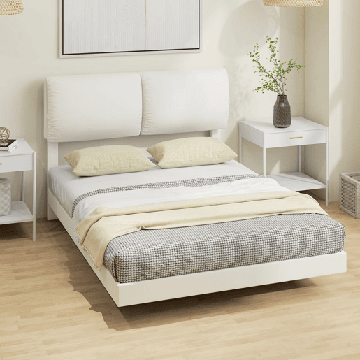 HOMCOM Cama de Casal 135x190 cm, Estrutura com Cabeceira Acolchoada, Efeito Flutuante, Estrutura Metálica, Ripas de Madeira, Silenciosa, Estilo Moderno, Bege