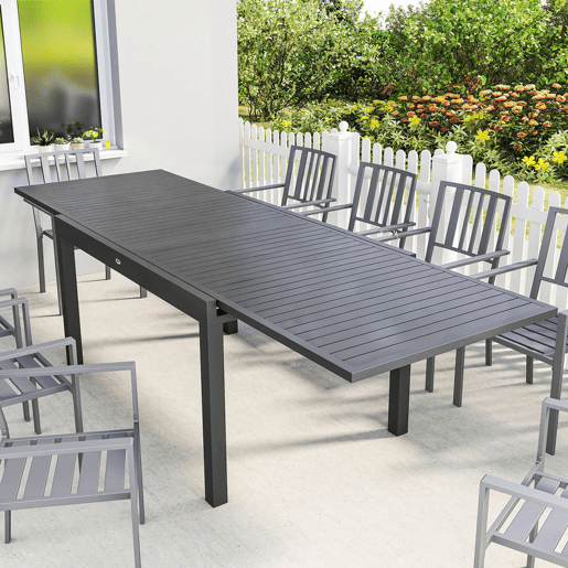 Outsunny Mesa de Jardim Extensível 135270x90 cm, Mesa de Jantar Exterior Retangular de Alumínio com Superfície de Ripas para 6-10 Pessoas, para Pátio, Terraço, Cinzento Escuro