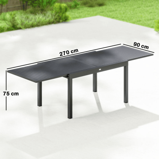 Outsunny Mesa de Jardim Extensível 135270x90 cm, Mesa de Jantar Exterior Retangular de Alumínio com Superfície de Ripas para 6-10 Pessoas, para Pátio, Terraço, Cinzento Escuro