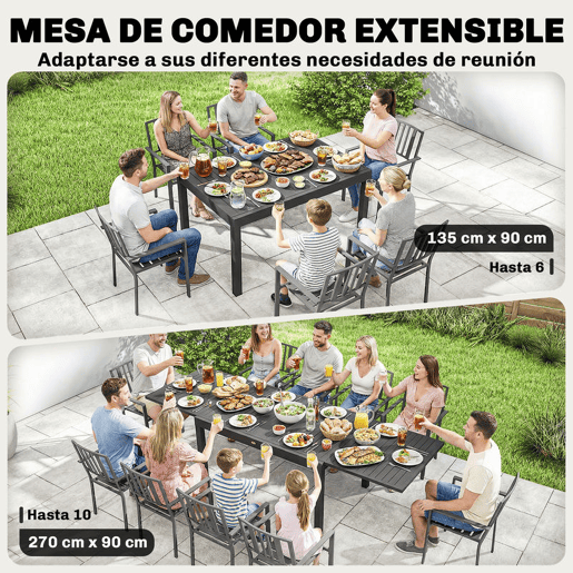 Outsunny Mesa de Jardim Extensível 135270x90 cm, Mesa de Jantar Exterior Retangular de Alumínio com Superfície de Ripas para 6-10 Pessoas, para Pátio, Terraço, Cinzento Escuro