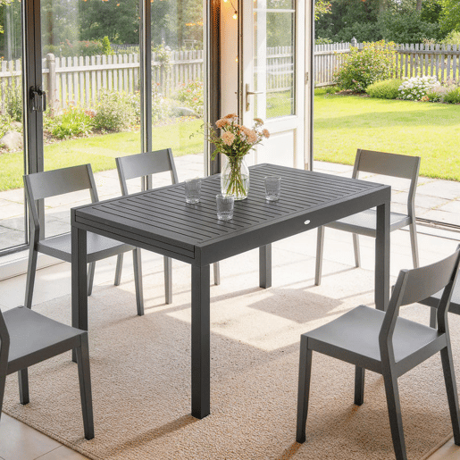 Outsunny Mesa de Jardim Extensível 135270x90 cm, Mesa de Jantar Exterior Retangular de Alumínio com Superfície de Ripas para 6-10 Pessoas, para Pátio, Terraço, Cinzento Escuro