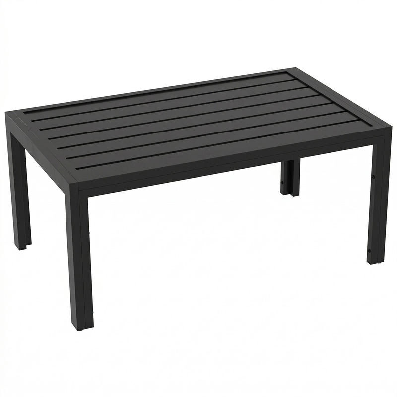 Outsunny mesa de centro de jardín rectangular, mesa auxiliar con estructura de acero galvanizado y superficie de tablillas, mesita de café para patio, balcón, terraza o porche, negro