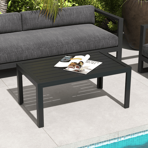 Outsunny Mesa de Centro de Jardim Retangular, Mesa Auxiliar com Estrutura em Aço Galvanizado e Superfície com Ripas, Mesinha de Café para Pátio, Varanda, Terraço ou Alpendre, Preto