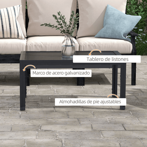 Outsunny Mesa de Centro de Jardim Retangular, Mesa Auxiliar com Estrutura em Aço Galvanizado e Superfície com Ripas, Mesinha de Café para Pátio, Varanda, Terraço ou Alpendre, Preto