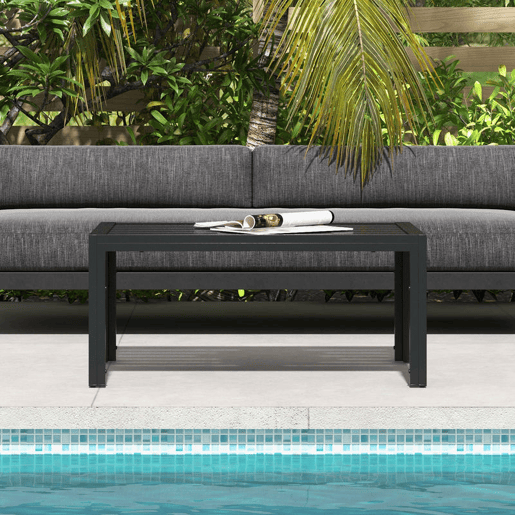 Outsunny Mesa de Centro de Jardim Retangular, Mesa Auxiliar com Estrutura em Aço Galvanizado e Superfície com Ripas, Mesinha de Café para Pátio, Varanda, Terraço ou Alpendre, Preto