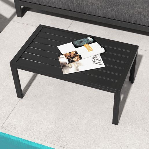 Outsunny Mesa de Centro de Jardim Retangular, Mesa Auxiliar com Estrutura em Aço Galvanizado e Superfície com Ripas, Mesinha de Café para Pátio, Varanda, Terraço ou Alpendre, Preto