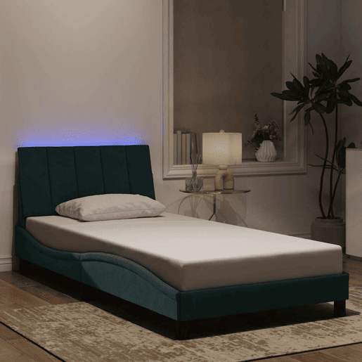 Estrutura de cama de solteiro simple com LED 100x200 cm veludo verde-escuro