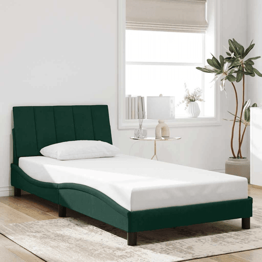 Estrutura de cama de solteiro simple com LED 100x200 cm veludo verde-escuro