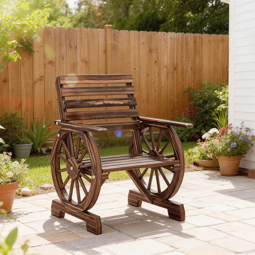 Outsunny Banco de Jardim em Madeira de 2 Lugares Assento com Braços de Roda de Carro Encosto Inclinado Estilo Rústico Capacidade 120 kg para Pátio Terraço Parque 66x55x90 cm, Carbonizado